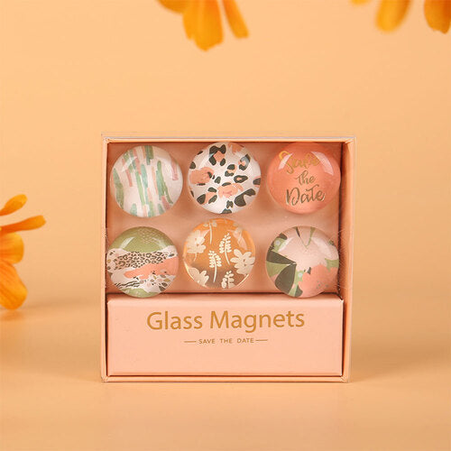 Cute Logo Round Crystal Glass Magnets With Leopard and Flower 6PCS Mag