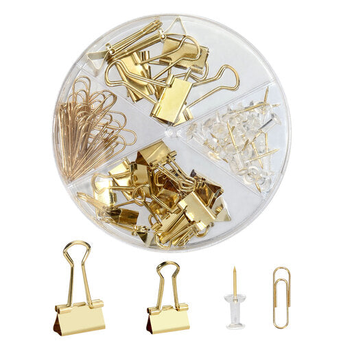Gold Thumb Tacks Paper Clip Binder Clips Push Pins Set – MultiBey