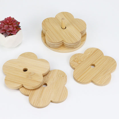 Wooden Flower Coaster Set of 6 with Holder