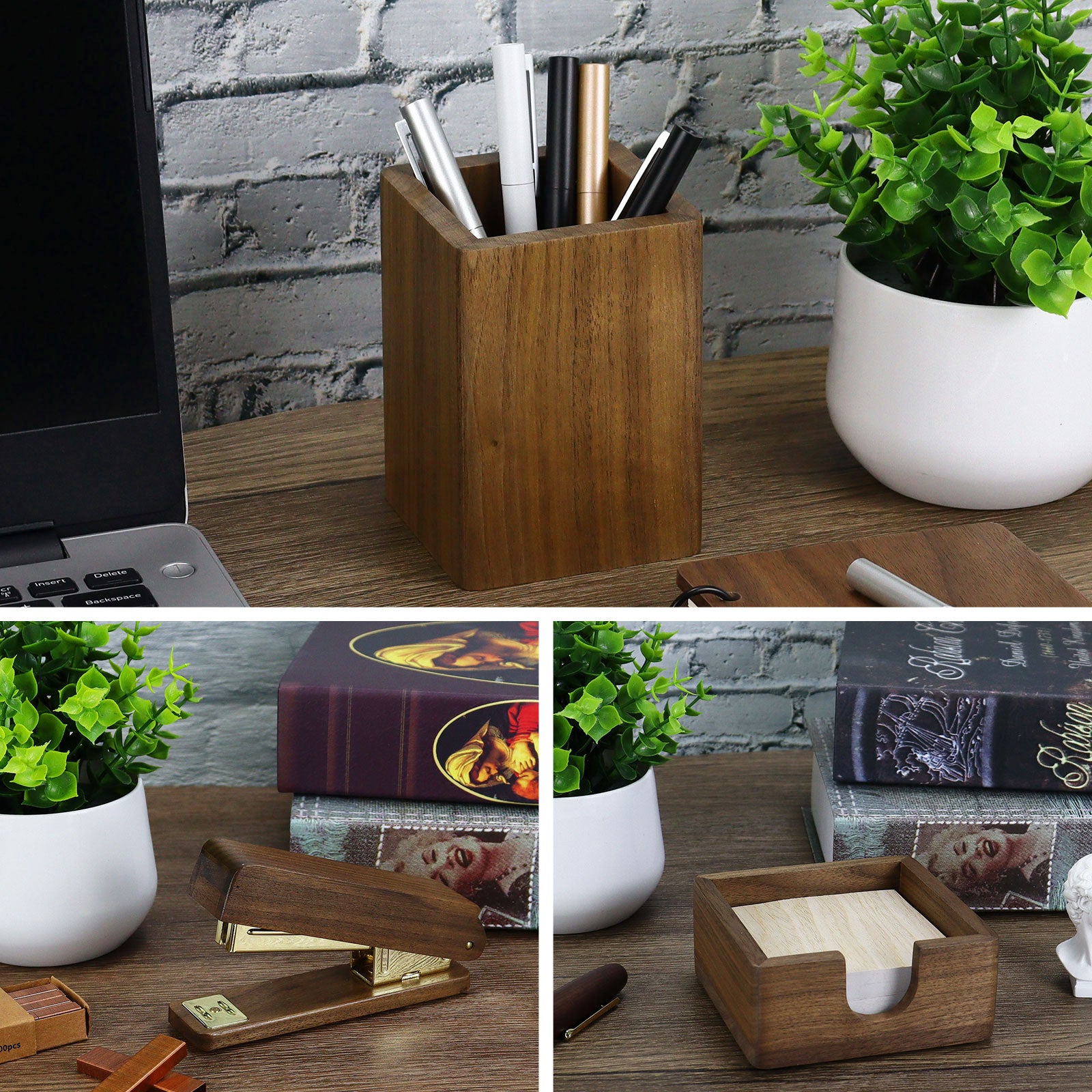 North American Black Walnut Desk Essentials Set – Stapler, Memo Holder & Pen Cup
