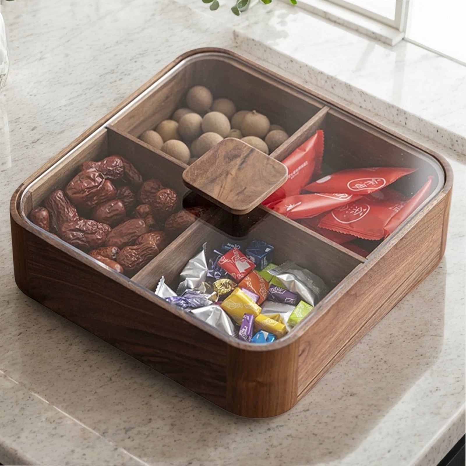 süßigkeiten aufbewahrung 4-Compartment Walnut Candy Organizer Wooden Snack Storage Box – MultiBey