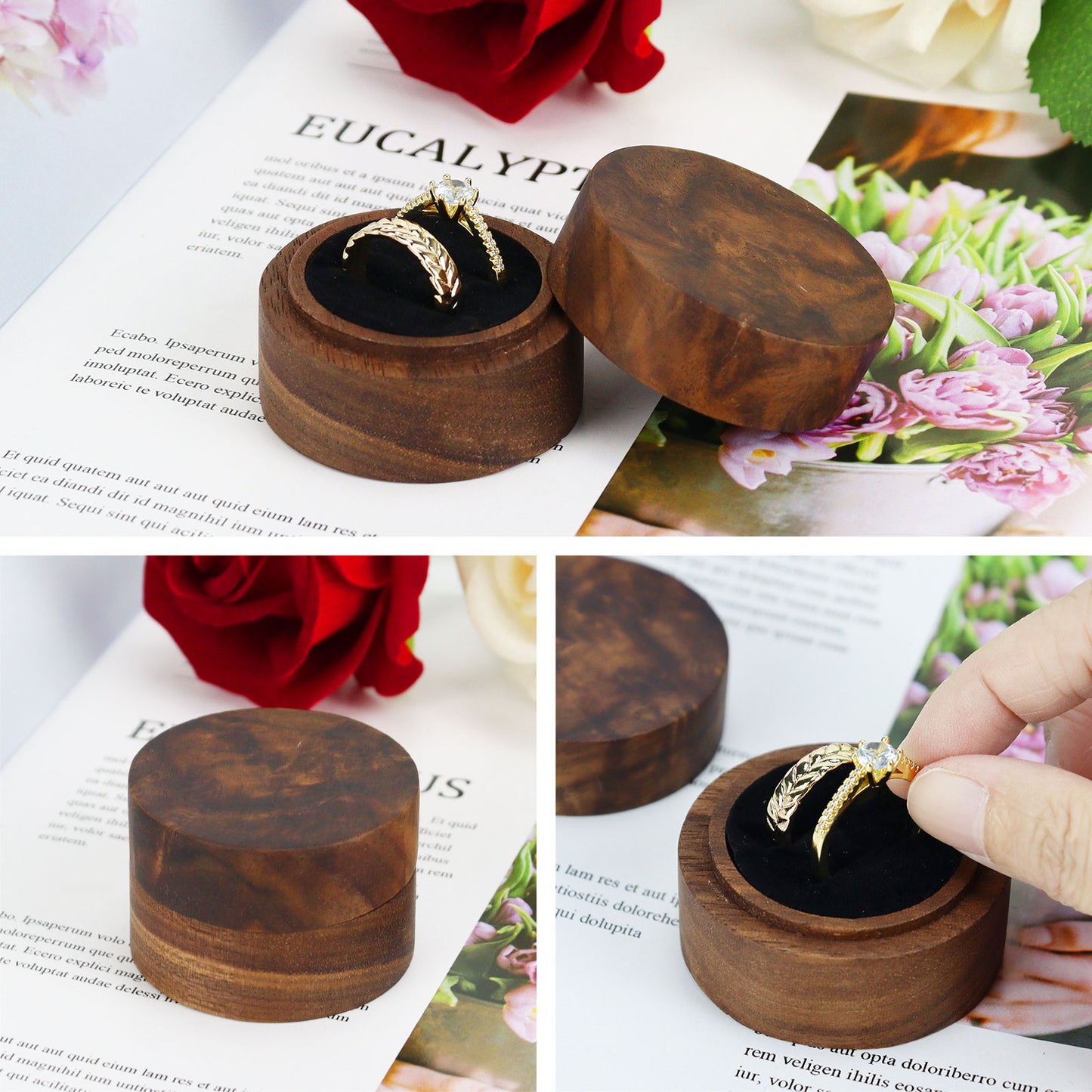 Round Shape Walnut Wood Ring Box