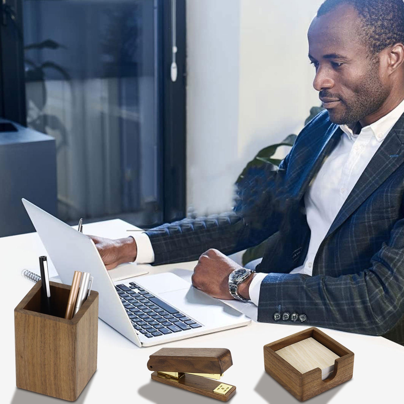 North American Black Walnut Desk Essentials Set – Stapler, Memo Holder & Pen Cup
