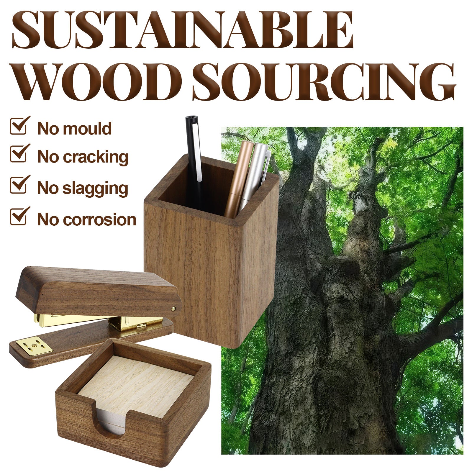 North American Black Walnut Desk Essentials Set – Stapler, Memo Holder & Pen Cup
