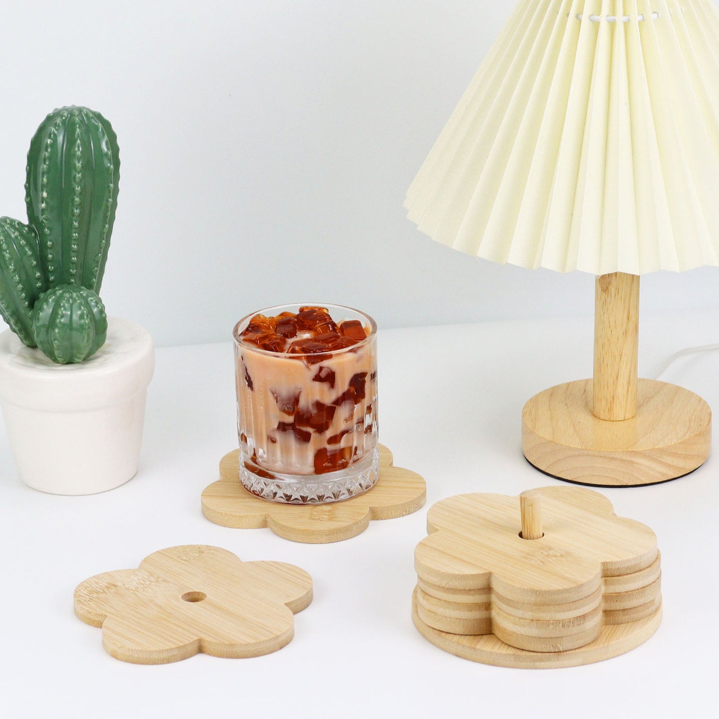 Wooden Flower Coaster Set of 6 with Holder