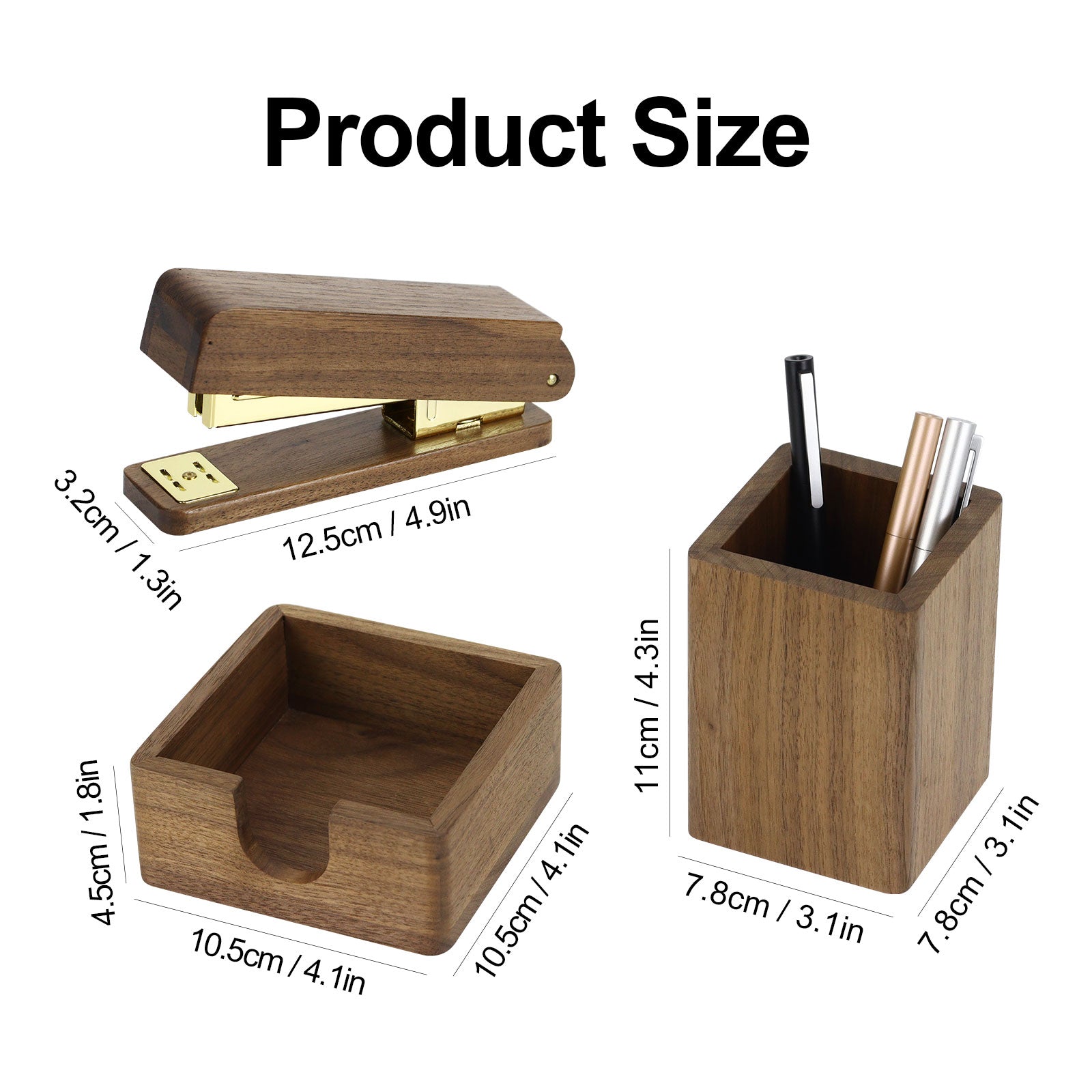 North American Black Walnut Desk Essentials Set – Stapler, Memo Holder & Pen Cup
