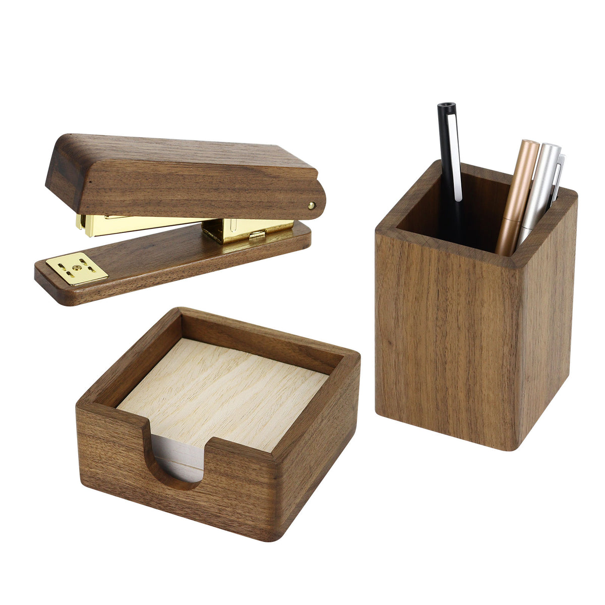 North American Black Walnut Desk Essentials Set – Stapler, Memo Holder & Pen Cup