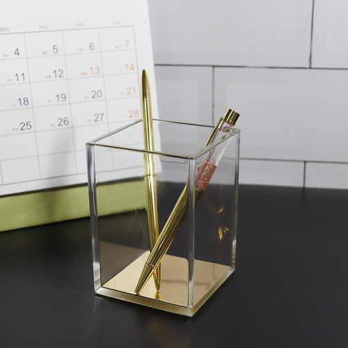 MultiBey Clear Gold Acrylic Office Desk Accessories Kit Set Stapler Tape Dispenser Scissors Pen Holder Cup Diamond Ballpoint Pen Binde