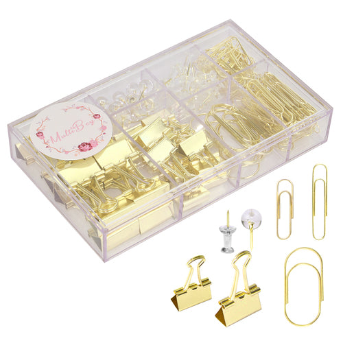 Gold Paper Clips Binder Clips Thumb Tacks Set