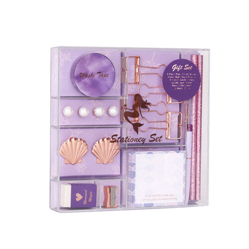 MultiBey Cute Stationery Set Ballpoint Pen Pencils Washi Tape Eraser Pearl Push Pins Sticky Note Pads Rose Gold Binder Clips Purple Mermaid Office